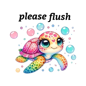 Cartoon sea turtle wall sticker with 'please flush' text for bathroom toilet decoration