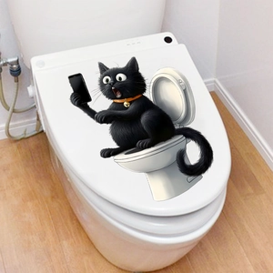 Waterproof PVC cat toilet sticker featuring a black cat using a smartphone on white toilet