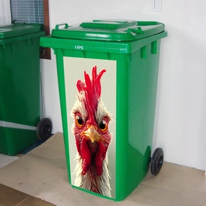Waterproof PVC rooster sticker on a green outdoor trash can for creative decoration