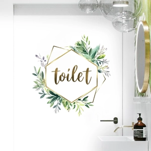 Modern gold geometric toilet door sticker with green watercolor leaves on white door