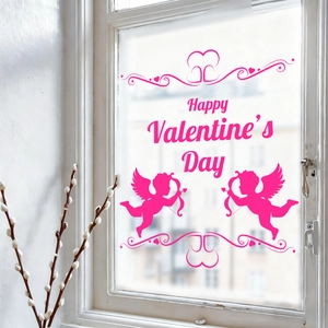 Pink Cupid and heart Valentine's Day window decals on a white wooden glass window frame