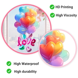 Detail of colorful heart balloons and 3D love lettering on waterproof glass window sticker