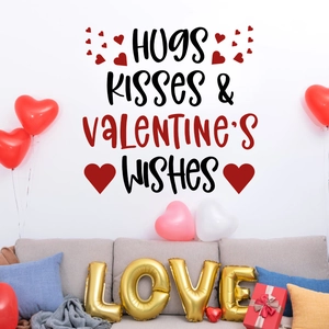 Hugs Kisses Valentine Wishes wall stickers with red hearts for romantic home wall decor