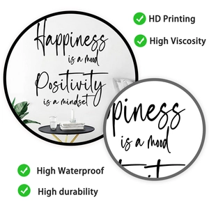 Detail showing Happiness is a mood quote wall sticker with modern minimalist font decor
