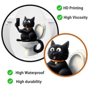 Detail of waterproof PVC toilet sticker showing a funny black cartoon cat with phone