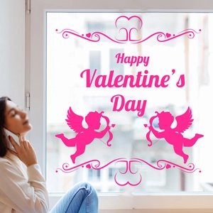 Pink Cupid and heart glass window decals with Happy Valentine's Day text for home decor