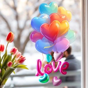 Close-up of colorful heart balloons and 3D love lettering static window stickers decor