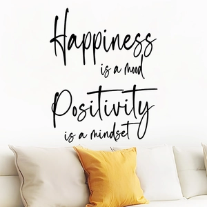 Black vinyl wall decal Happiness is a mood quote for modern living room decor