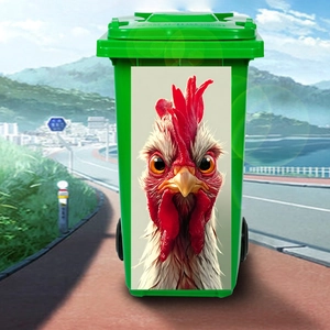 Green outdoor wheelie bin featuring a realistic rooster decal on a scenic coastal background