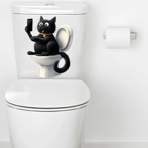 Funny cartoon black cat selfie bathroom toilet lid sticker made of waterproof PVC material