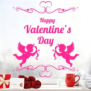 Pink Cupid and heart decals with Happy Valentine's Day text on glass for home decor