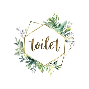 Creative gold hexagon toilet sign with watercolor green leaves home wall decal