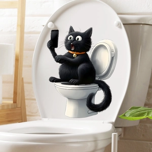 Close-up of a funny black cartoon cat with a phone on a white toilet lid sticker