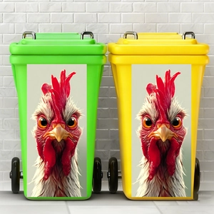 Detail of waterproof PVC rooster head decals applied on outdoor waste bins
