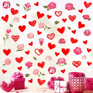 Valentine's Day Heart Rose Window Clings Static PVC Removable Waterproof Glass Stickers For Bedroom Living Room Decor