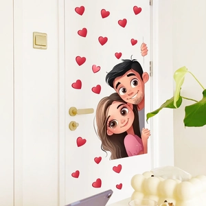 Adesivi murali coppia romantica con cuori rossi per decorazione porta della camera