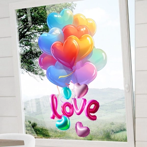 Vibrant heart balloon static window stickers with 3D love letters on glass pane