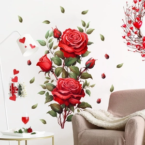 Stickers muraux roses rouges romantiques avec feuilles vertes pour décor de salon