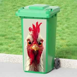 Detailed close-up of a waterproof rooster decal applied on a green outdoor wheelie bin