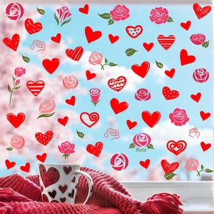 Valentine's Day heart and rose static window clings for home glass decoration