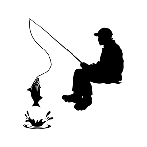 Adesivo murale silhouette nera di un pescatore seduto che cattura un pesce su sfondo bianco