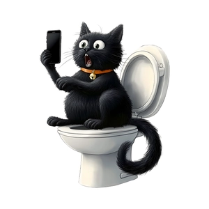Funny black cat sitting on toilet using phone self-adhesive PVC bathroom wall sticker