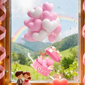Valentine heart gift box and balloons floating against a scenic mountain rainbow background