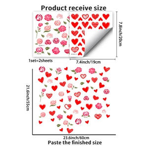 Detail view showing dimensions of heart and rose window stickers measuring 60x55cm