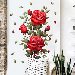 Stickers muraux roses rouges réalistes pour salon avec fleurs épanouies et des feuilles vertes