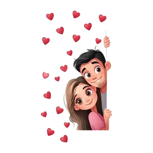 Adesivo murale coppia di cartoni animati con cuori rossi per decoro San Valentino
