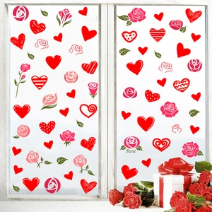Valentine Heart and Rose Static Window Clings for Romantic Glass Decoration