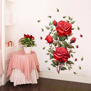 Stickers muraux roses rouges réalistes avec fleurs et boutons pour décoration intérieure