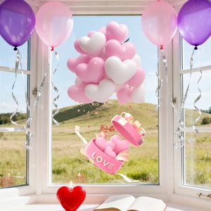 Romantic Love heart gift box with floating pink balloons and candles for room decoration