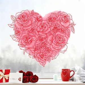 Valentine Day Heart Rose Flower Window Sticker Static Cling Glass Decal Romantic Pink Red Floral Decal For Bedroom Living Room Home Decor