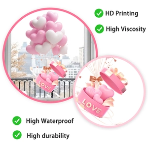 Detail of pink heart balloons and LOVE gift box sticker showing HD printing quality