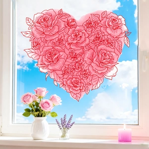 Pink floral heart window sticker for bedroom glass decor with romantic rose design