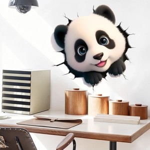 3D cute cartoon panda wall sticker for home decoration appearing from broken wall