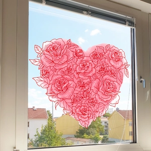 Pink floral heart window cling sticker with roses for romantic home glass decoration