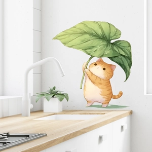 Cute cartoon ginger cat holding green leaf self-adhesive wall sticker for home decor