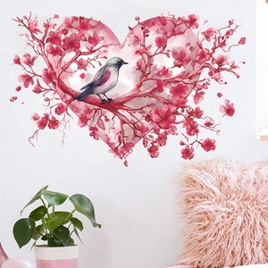 Romantic Pink Heart Cherry Blossom Branch Bird Wall Sticker PVC Self Adhesive Girl Style Bedroom Living Room Home Decor