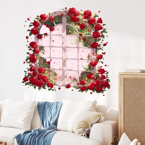 3D romantic red rose white arched window wall sticker for living room home decor