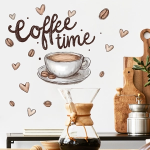 Sticker mural créatif tasse à café et grains de cœur pour décor de bistrot