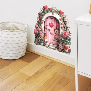 Adesivo murale romantico con porta rosa e rose per decorazione festiva della casa