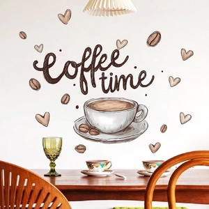 Sticker mural créatif Coffee Time avec cœurs et grains pour décoration intérieure