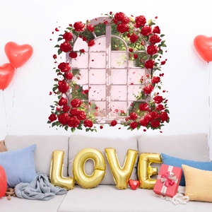 3D realistic arched window wall sticker with red rose vines for romantic room decor