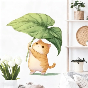 Cute orange cartoon cat with green leaf wall sticker for bathroom and bedroom decor