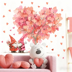 Valentine heart tree and cute gnomes wall decals set for romantic home bedroom decoration