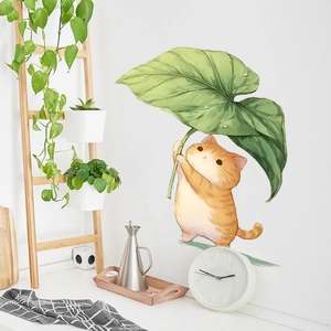 Cute orange cat with green leaf umbrella self-adhesive wall sticker for home decor