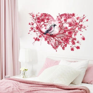 Pink watercolor heart cherry blossom wall sticker with bird for bedroom decor