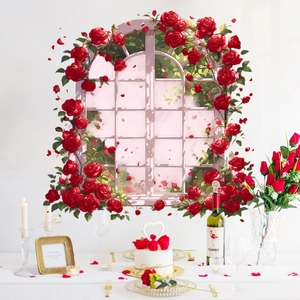 3D arch window wall sticker with red roses for romantic home bedroom decoration
